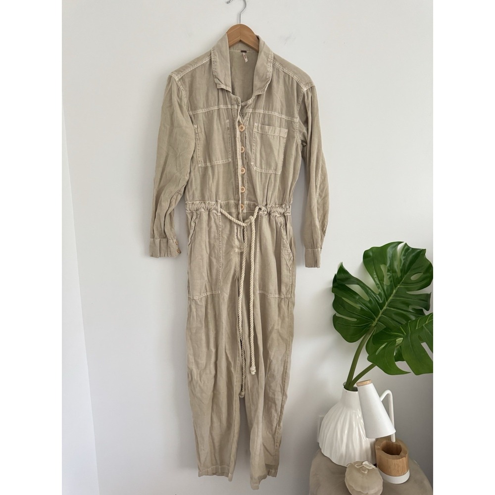 Free People Quinn Coverall Light Green Cotton Linen Blend size XSmall Oversized